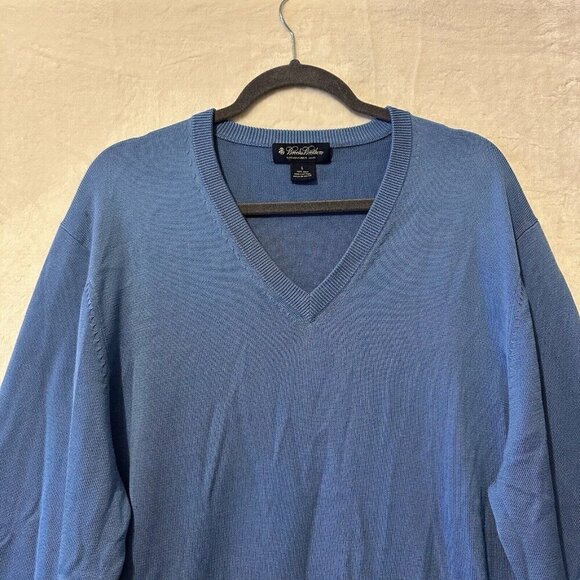 Brooks Brothers Pullover Sweater Mens Large V-Neck Blue Silk Cotton Academia - Picture 2 of 9